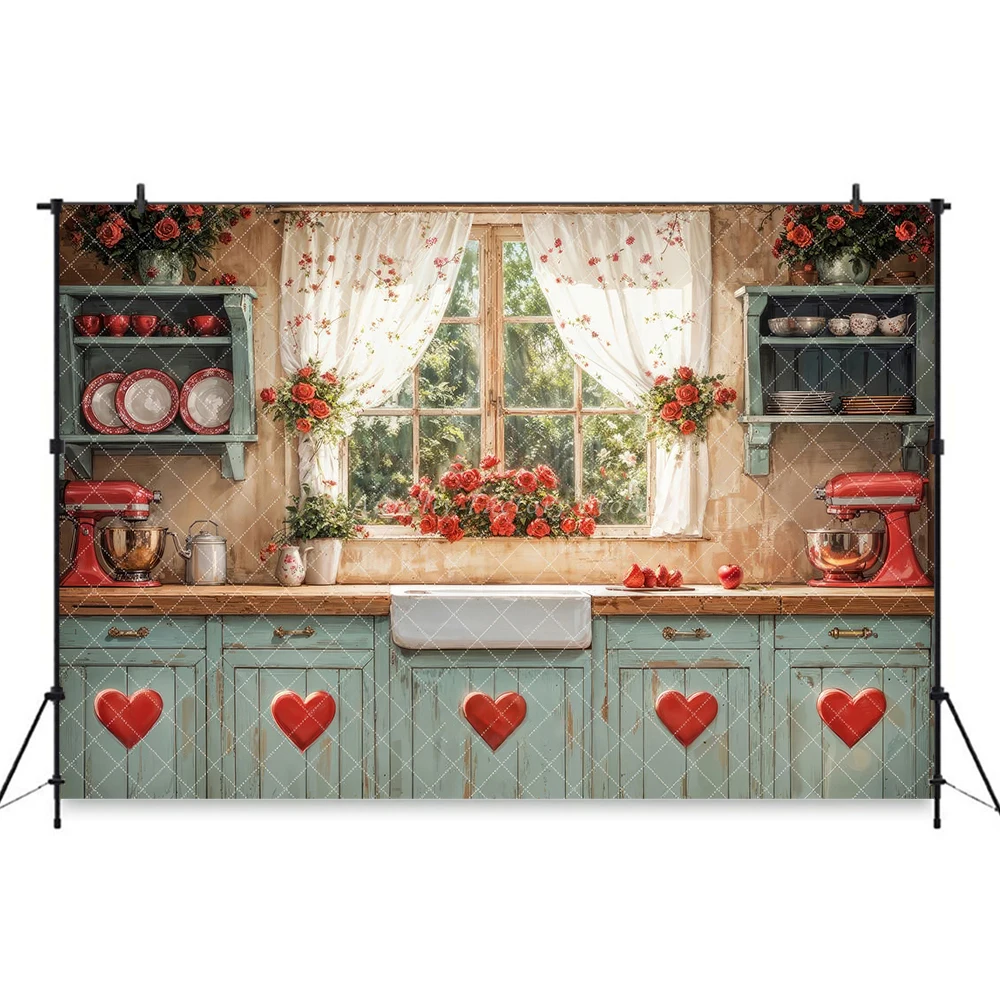 Rustic Valentine's Day Kitchen Window Backgrounds Family Adult Photography Banner Kitchenware Backdrop Spring Flower