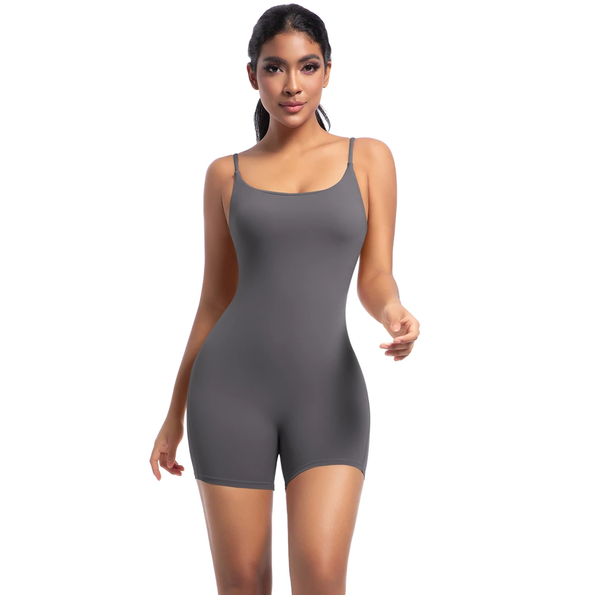 Hochfester Trainings-Stretch-Bodysuit für Frauen, Einteiler, schnelltrocknend, Hüft-Push-Up, Fitness-Shorts, Träger-Jumpsuit – Detail 6