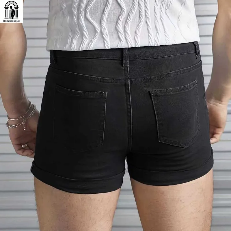 Men's Sexy Slim Fit White Denim Shorts, Rolled Cuff, Stretchy Skinny Jeans Shorts, Casual Summer Short Pants for Men view 6