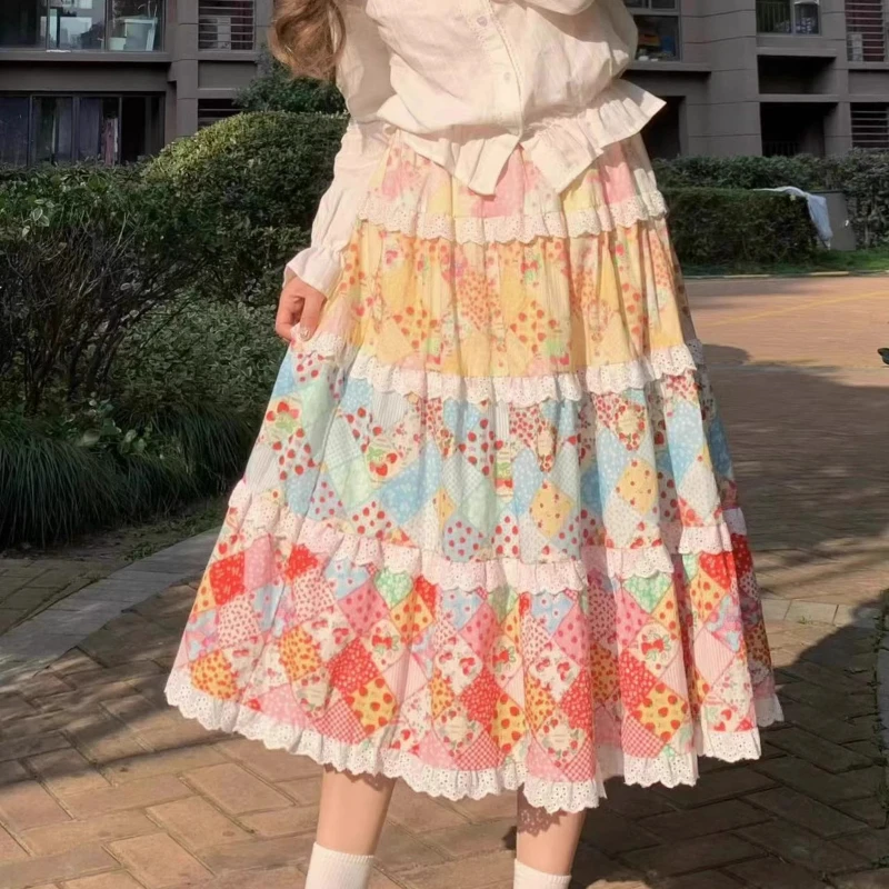 Japanese Original New Women's Clothing Fresh Colorful  A-line Long Skirt 2025 Summer Versatile Cute Splicing Cake Skirts Ladies