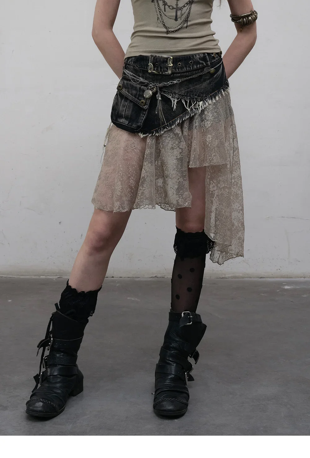 IMU Original Design Retro Streetwear Lace Patch Denim Skirt Asymmtric Washed Punk Rock Skirts Shorts Women