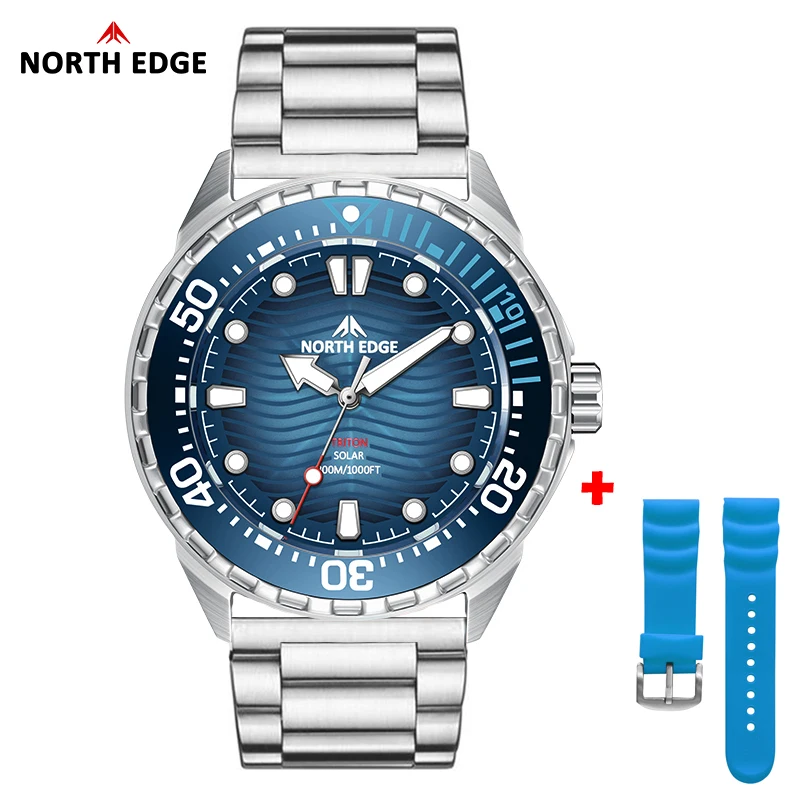 NORTH EDGE TRITON-TI Titanium RVS Zonne-aangedreven Duikhorloge Luxe Quartz Horloges voor Heren 300M Waterdicht 180+ Dagen Accu
