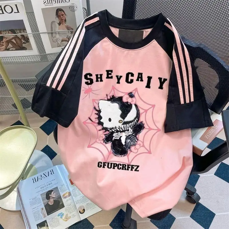 

Новый стиль Hello Kittys, хлопковая футболка с короткими рукавами для девочек Sanrio, модная японская милая свободная студенческая свободная одежда с героями мультфильмов для пар