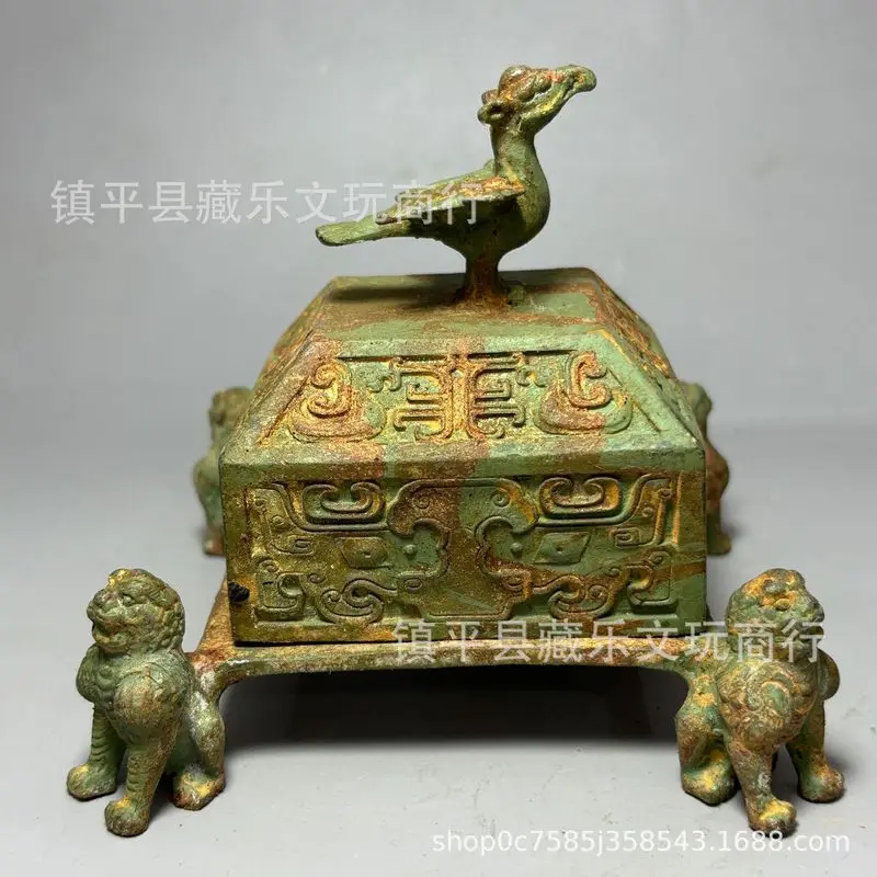 Antique Collection: Green Embossed Bronze Ware from the Warring States Period, Featuring Phoenix, Bird, Tiger, and Beast Motifs,