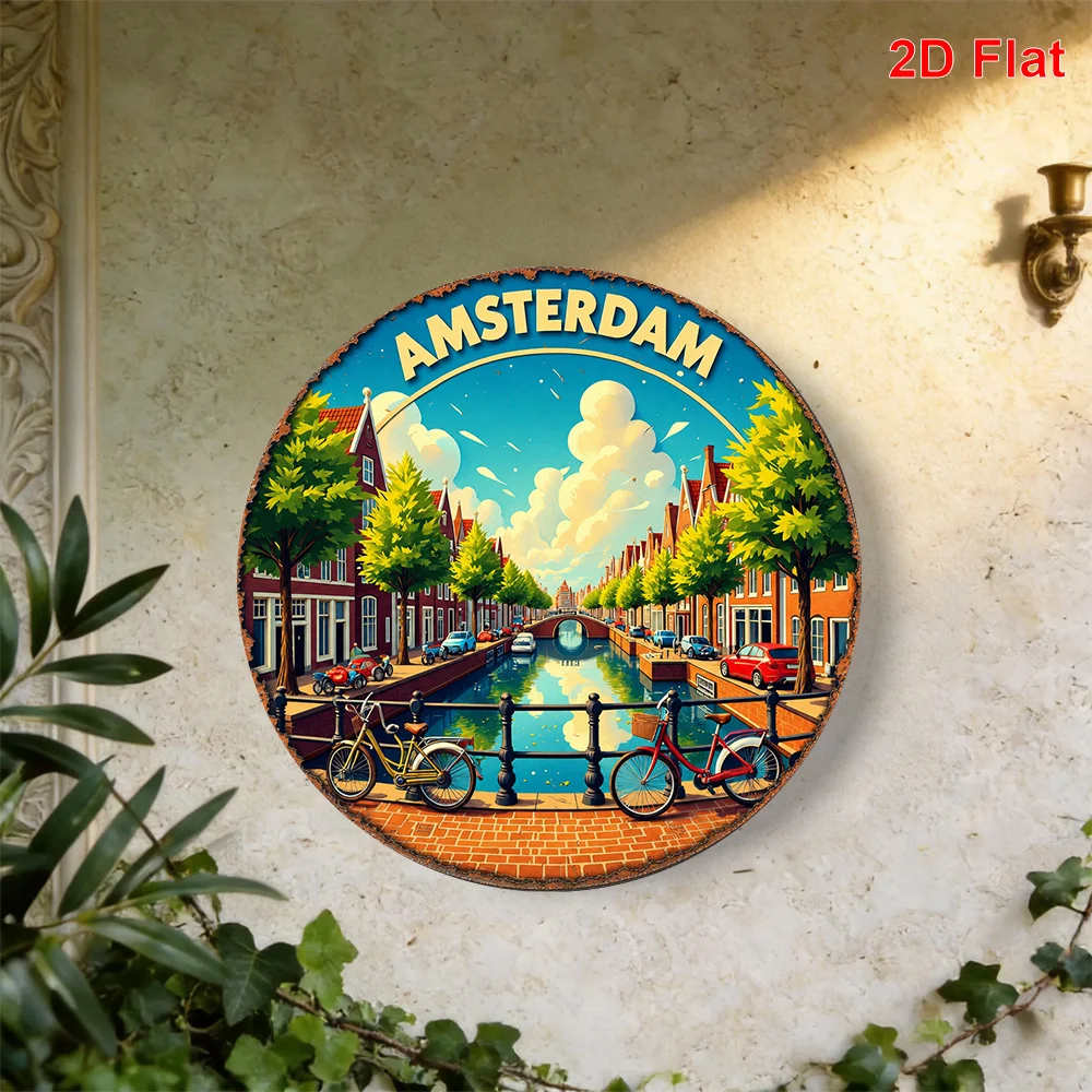 2D Flat Amsterdam Canal Scenery Pattern Metal Aluminum Sheet Sign, Round Decorative Art,