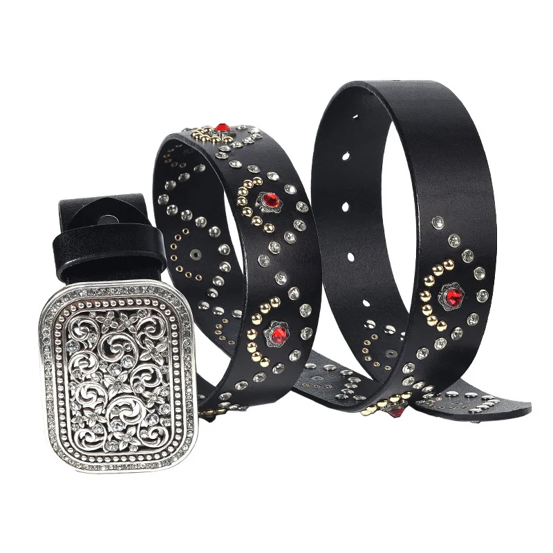 Unisex Personalized Rhinestone Fashion Belt,European and American Men Rivet Diamond Inlaid Cowhide Belts,Women Decorative Belt