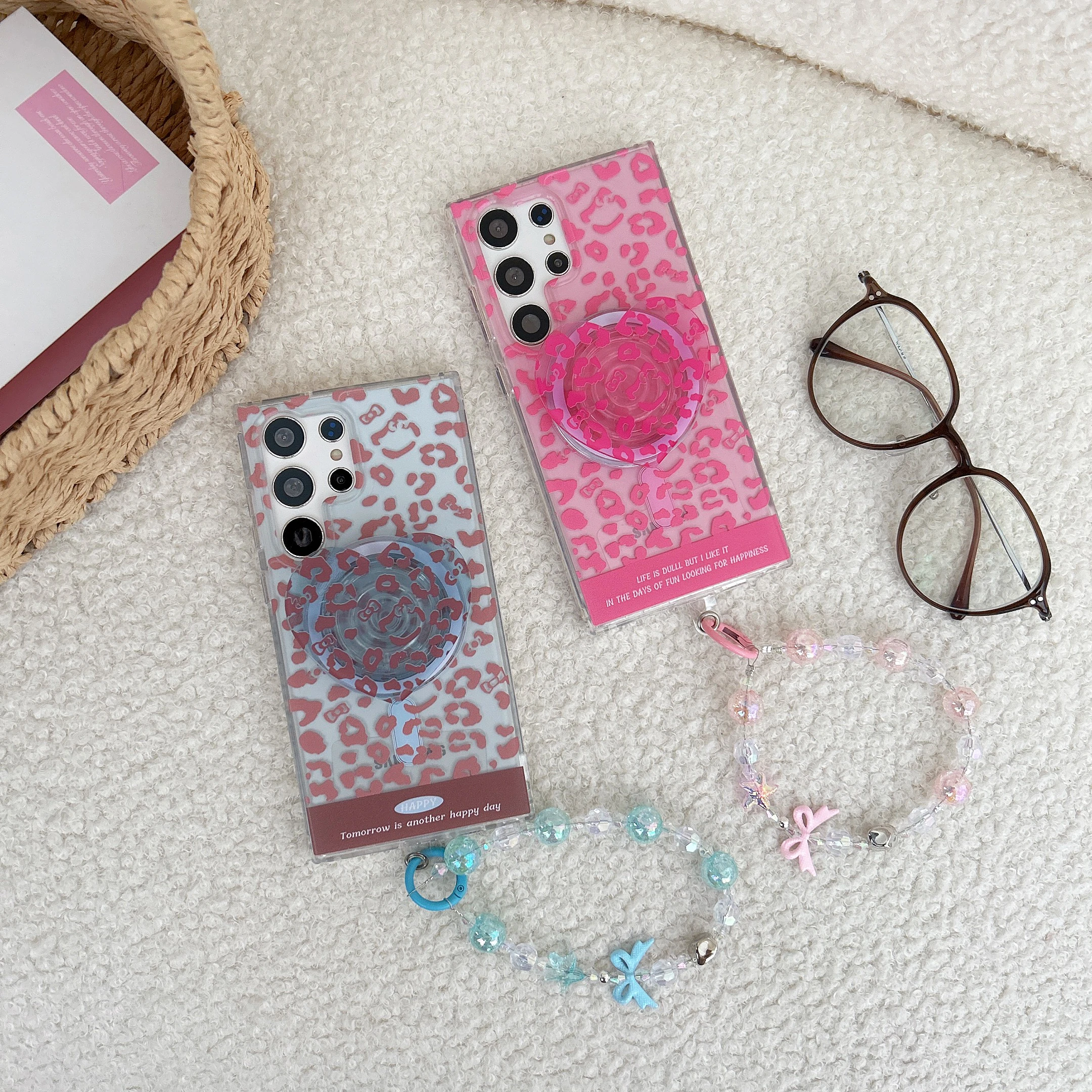 

Back Cover For Samsung Galaxy S23 S24 S25 S26 Ultra Case Leopard Love Bracket Magnetic Attraction Bracelet Chain Hard Back Cover