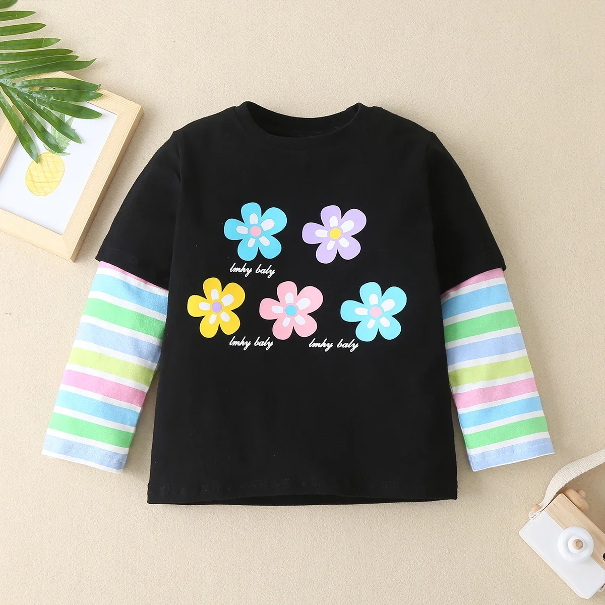 Kids Girls Clothes Autumn Long Sleeve Fake Two Pieces Fashion Casual Cute Children Tops Beautiful Youth Colorful Girls T-shirt