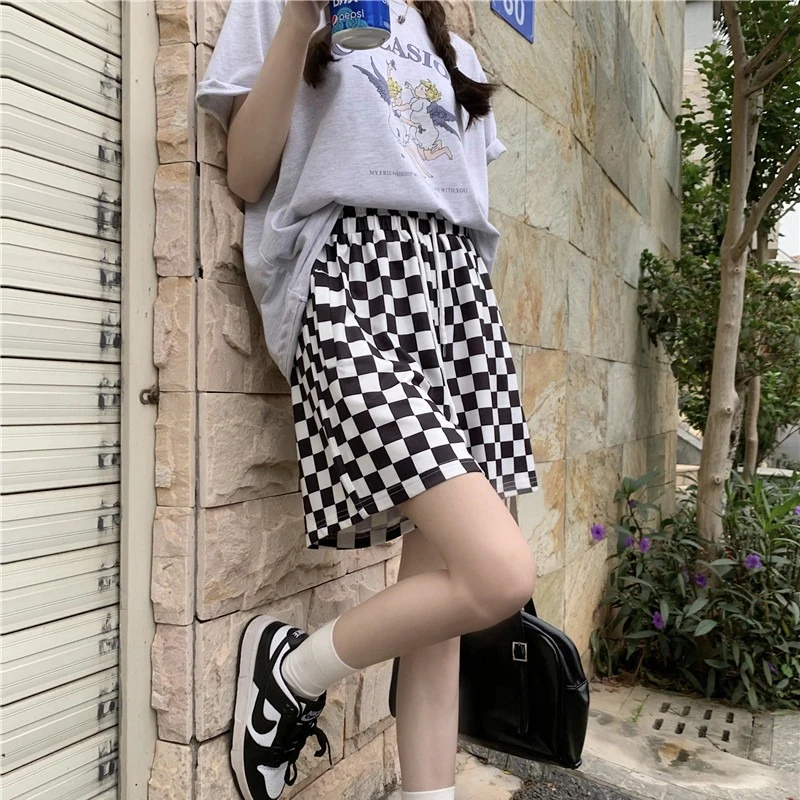 Plaid Shorts Women Korean Style Casual Daily High Waist A-line Versatile Fashion Thin Drawstring Straight Leg Short Pants Female