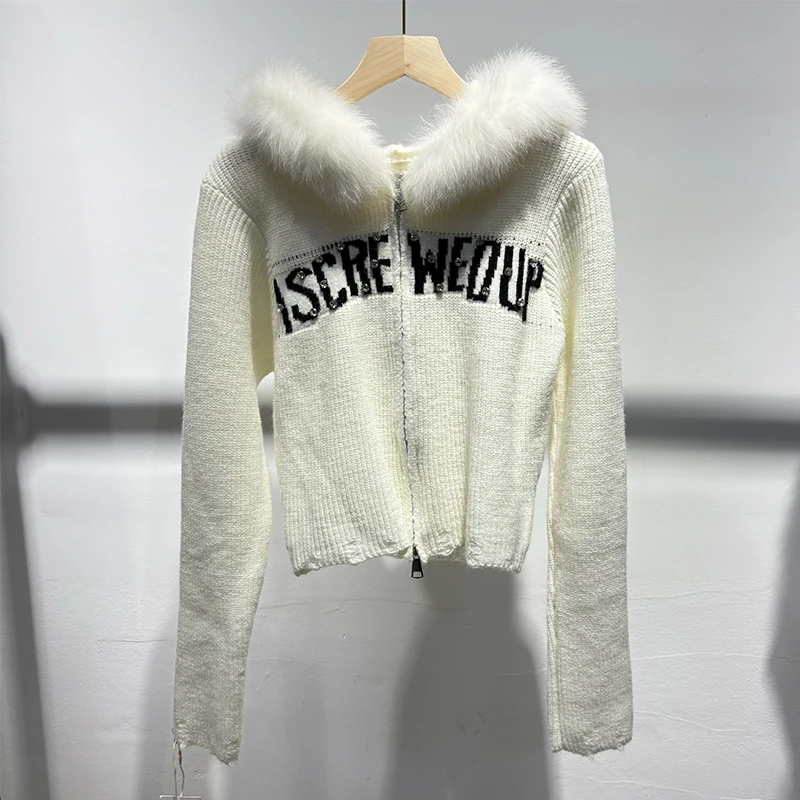 

2025 New Arrival Women Winter White Real Fox Fur Thick Knitting OverSize Loose Girl's Luxury Sweater Hooded Jacket Coat