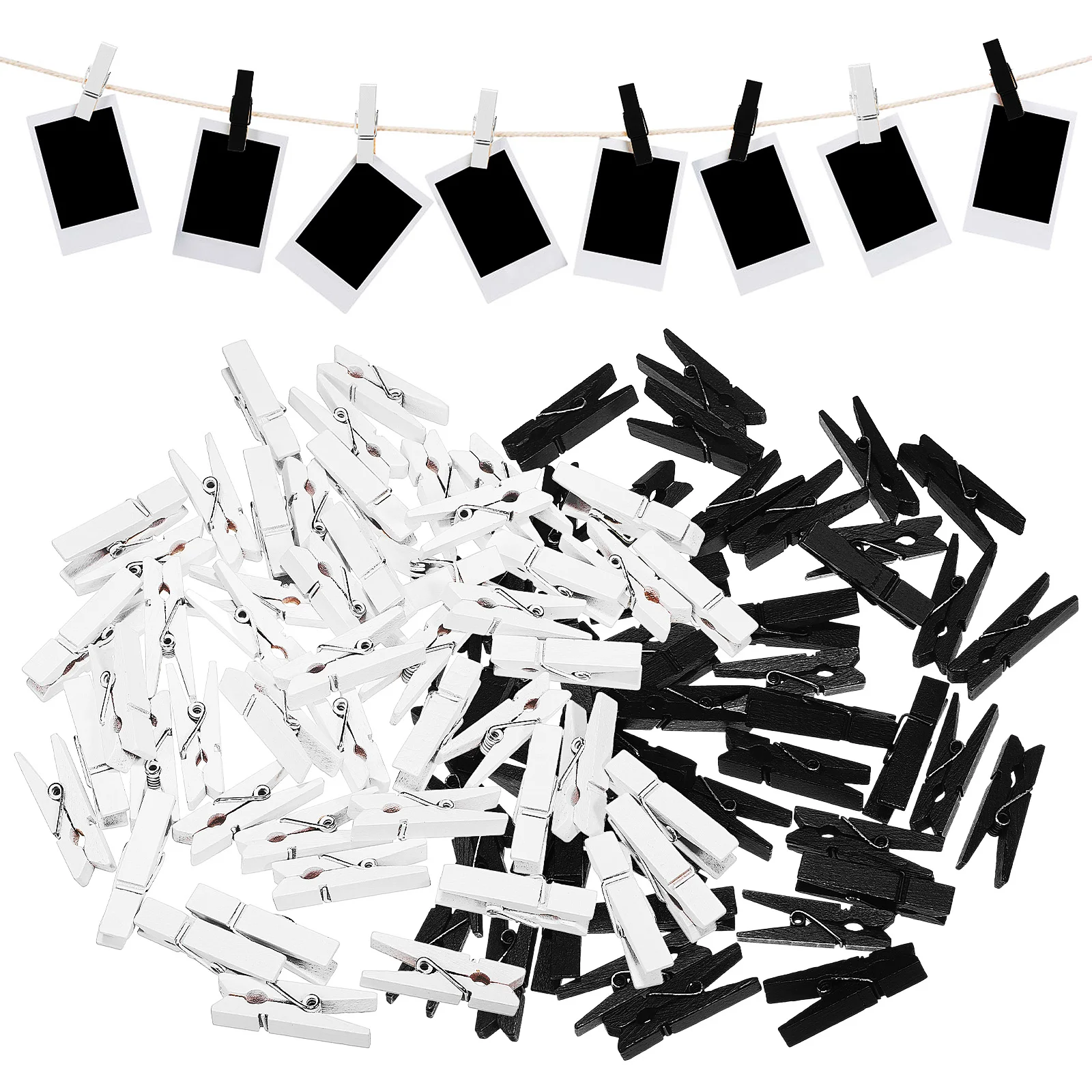 

100 pcs Decorative Clips 50 White 50 Black Multi Purpose Photo Wall Clothes Drying Food Sealing Document Organization Wooden