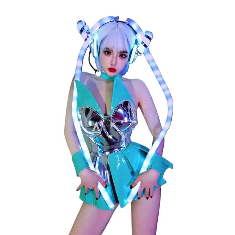 

Bar Singer Concert Stage Performance Clothes Women Drag Queen Costume Sexy Stage Blue Patent Leather Dress LED Glow Headgear Set