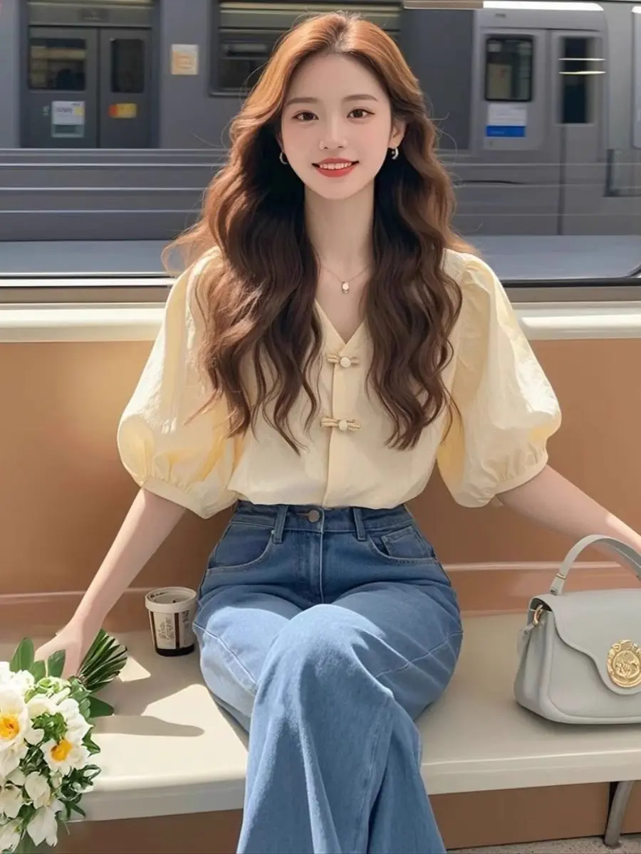 

Puff Sleeve Button Top New Chinese Style Apricot Short-sleeved Shirt for Women in Summer French