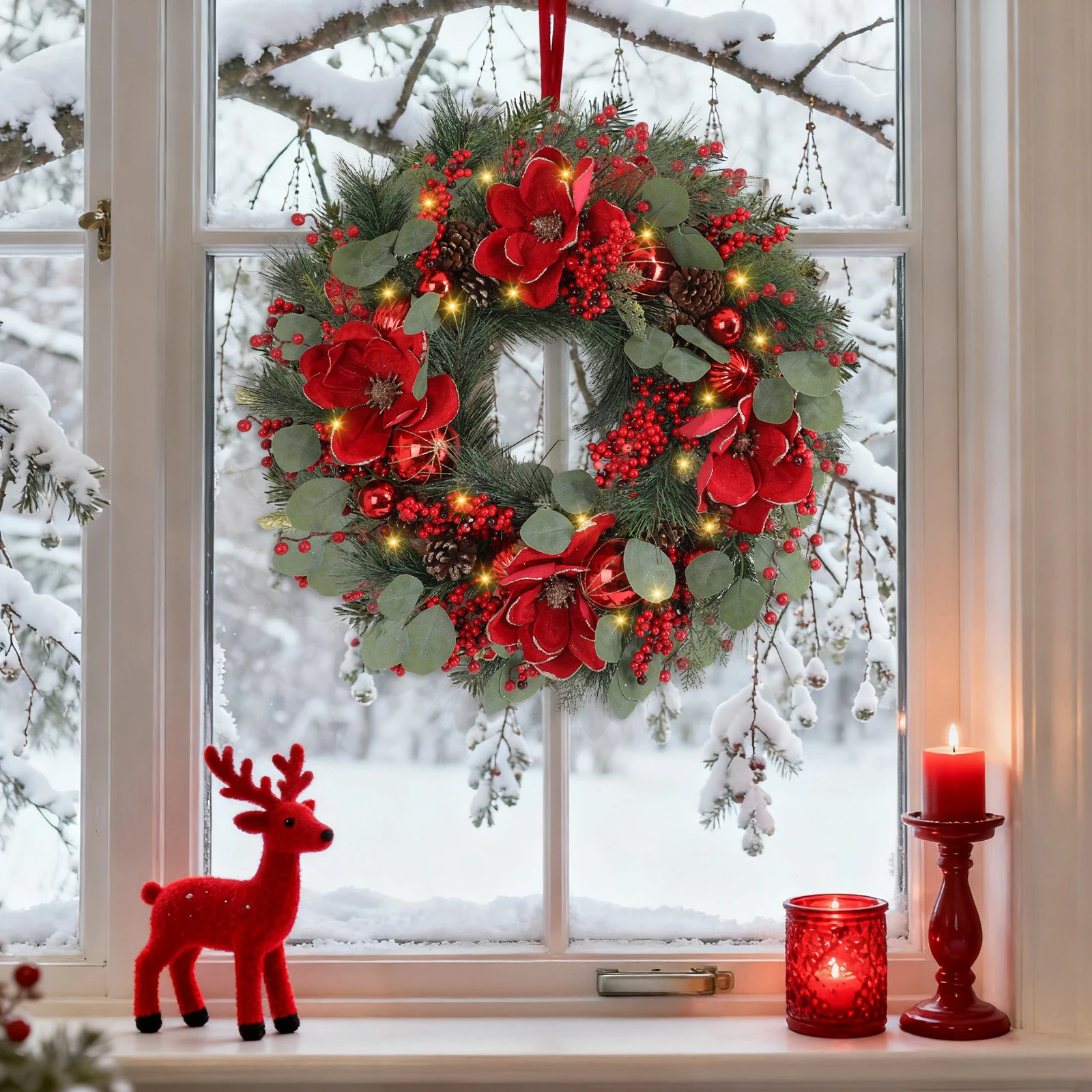 

Pre-Decorated 24 Inch Outdoor Christmas Wreath for Front Door Artificial Mixed Berry and Poinsettia Design