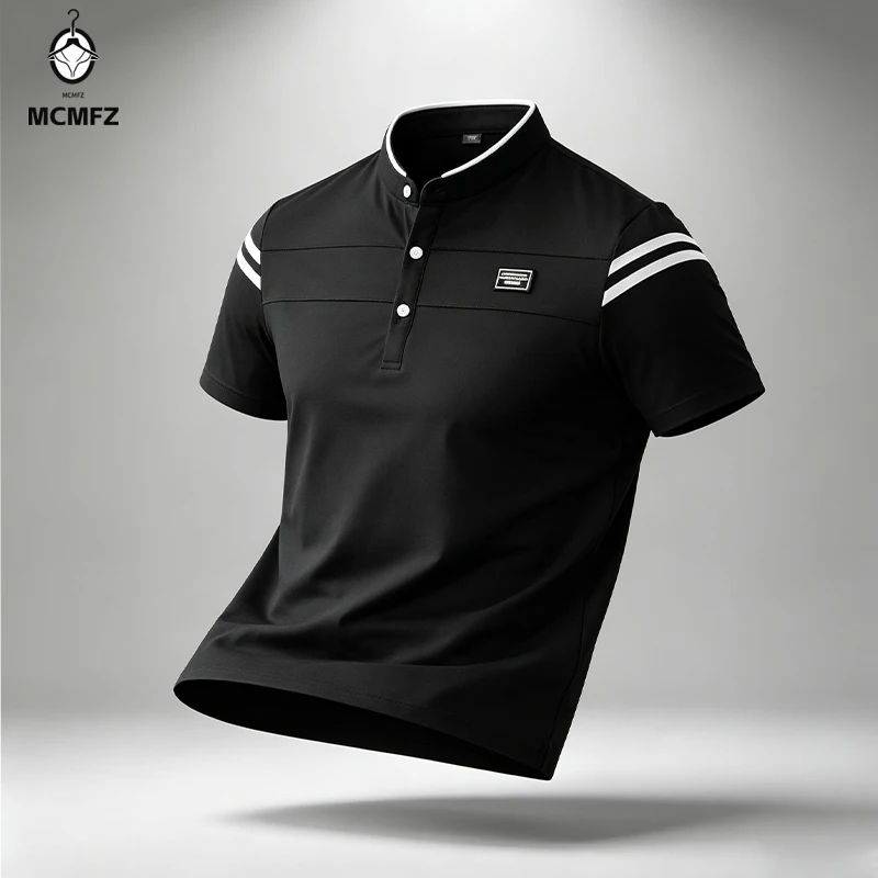Male Urban Short Sleeve Polo Shirt Stand Collar Striped Decal For City Commute And Daily Street Leisure Matching Look