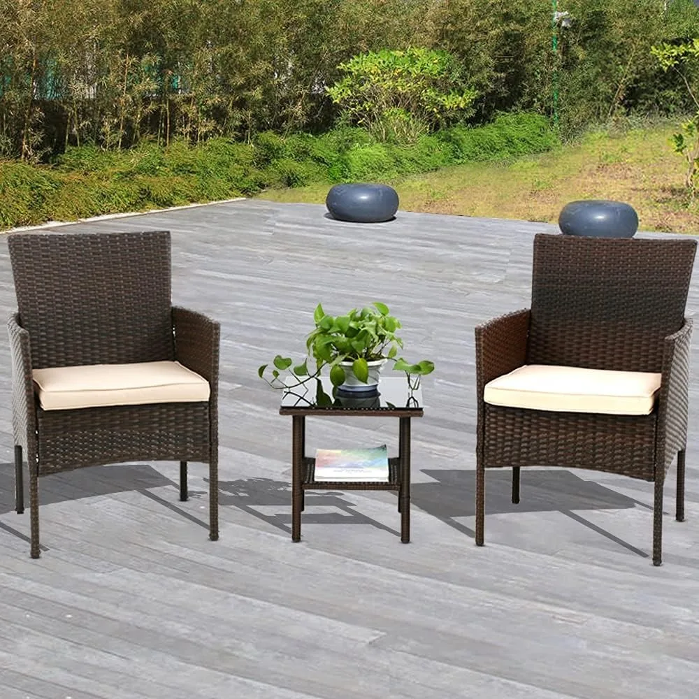 

3-Piece Modern Brown Rattan Outdoor Set: Patio Table Set with Thickened Cushions & Wicker Coffee Table - Easy to Assemble