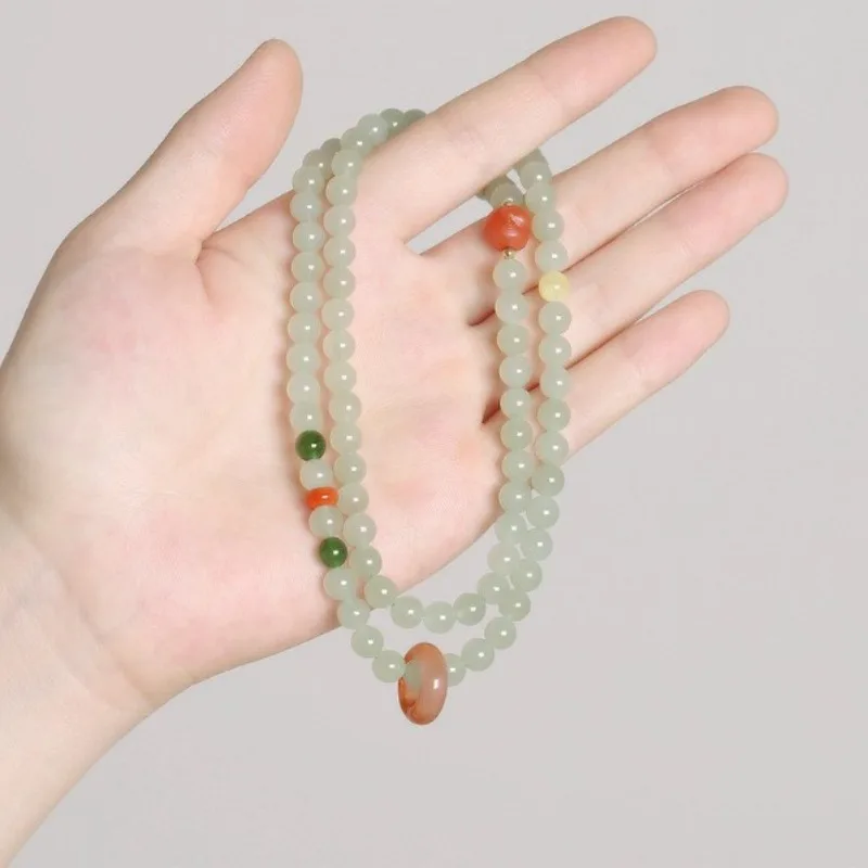Natural Hetian Jade Qing Shui Triple Wrap Bracelet Green Jade Multi Loop Beaded Necklace for Women Gifts