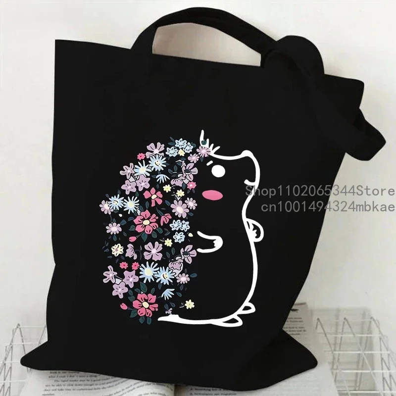 Cute Flower Hedgehog Pattern Tote Bag Women Cartoon Animal Style Shopping Bag Kawaii Hedgehog Canvas Shoulder Bag Lady Handbags