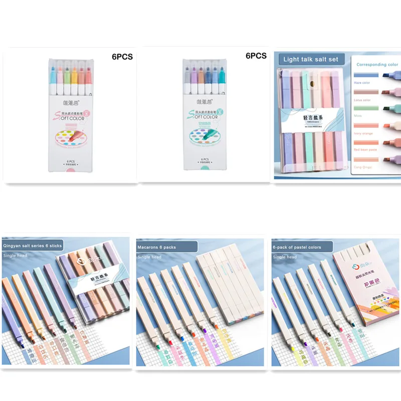 

6PCS Highlighter Light Color Kawaii Markers DIY Album Diary Double Ended Highlighter Student Stationery School Office Supplies