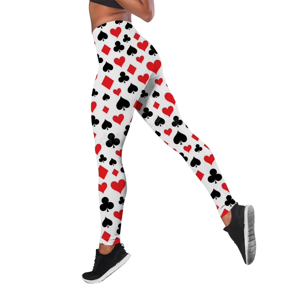 CLOOCL legginsy damskie brzoskwiniowe serce karty do gry wzór średnio wysoka talia elastyczne legginsy damskie do użytku wewnętrznego spodnie Push Up