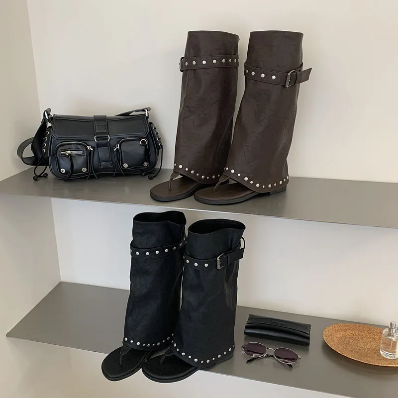 Eilyken Vintage Comfortable Low Heels Round Clip Toe Women Knee-High Boots Sandals Designer Rivet Belt Buckle Summer Shoes - view 5