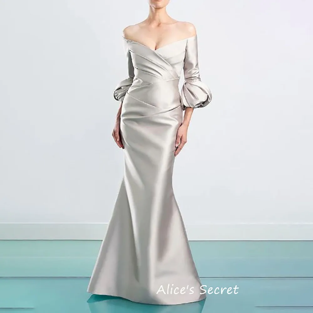 

Asymmetrical Satin Off Shoulder V Neck 3/4 Sleeves Pleated Floor Length Mother of the Bride Evening Dress