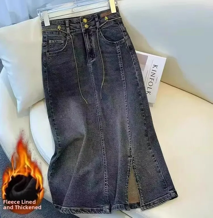 

Джинсовая юбка с разрезом и высокой талией в стиле ретро, женская весенне-осенняя свободная утягивающая юбка средней длины с запахом Fce