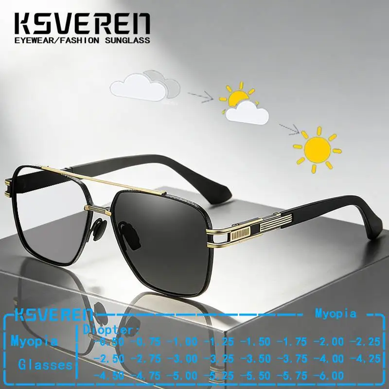 

﻿ Metal Photochromic Myopia Glasses Men Fashion Finished Prescription Optical Eyeglasses Sun Color Changing Lens -0.50 To-6.00