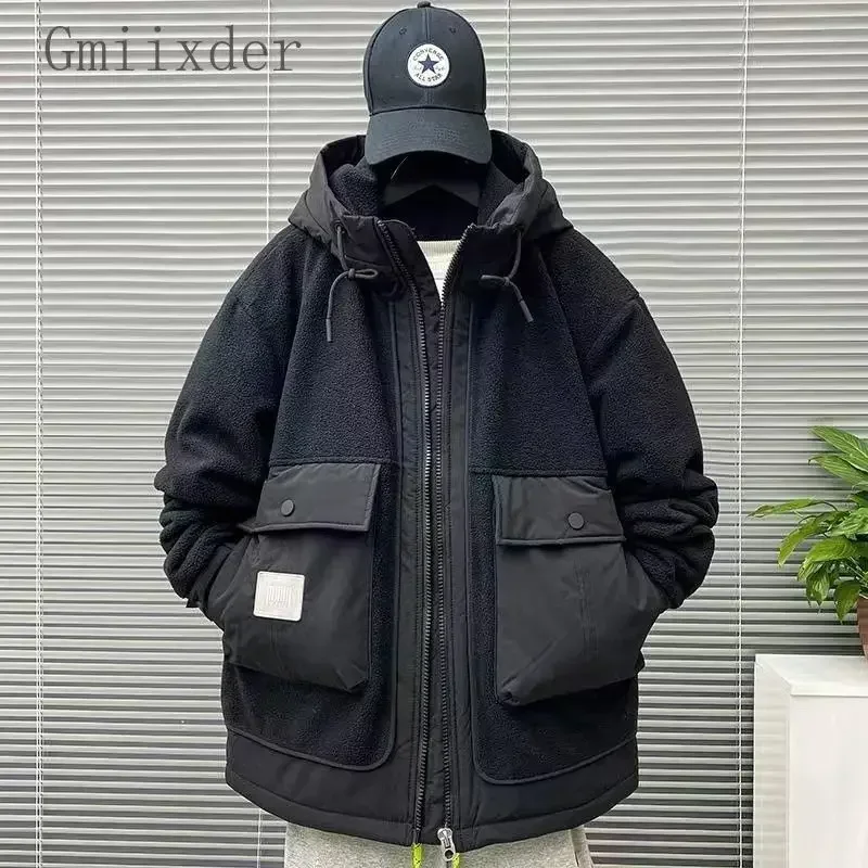 Lamb Wool Patchwork Coat Japan Style Cargo Spliced Thick Parkas Workwear Large Pocket Padded Coat Winter Oversized Hooded Top