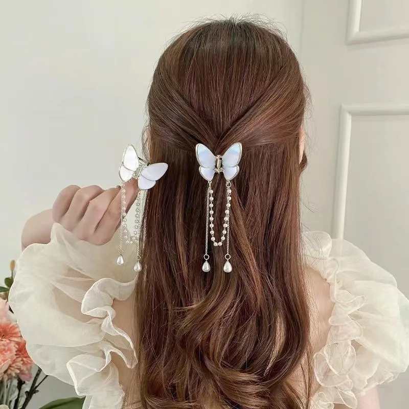 New Female Butterfly Pearl Tassel Hair Claws Rhinestone Clip Korean Simple Shark Ponytail Crab Clip Girls Hair Accessories