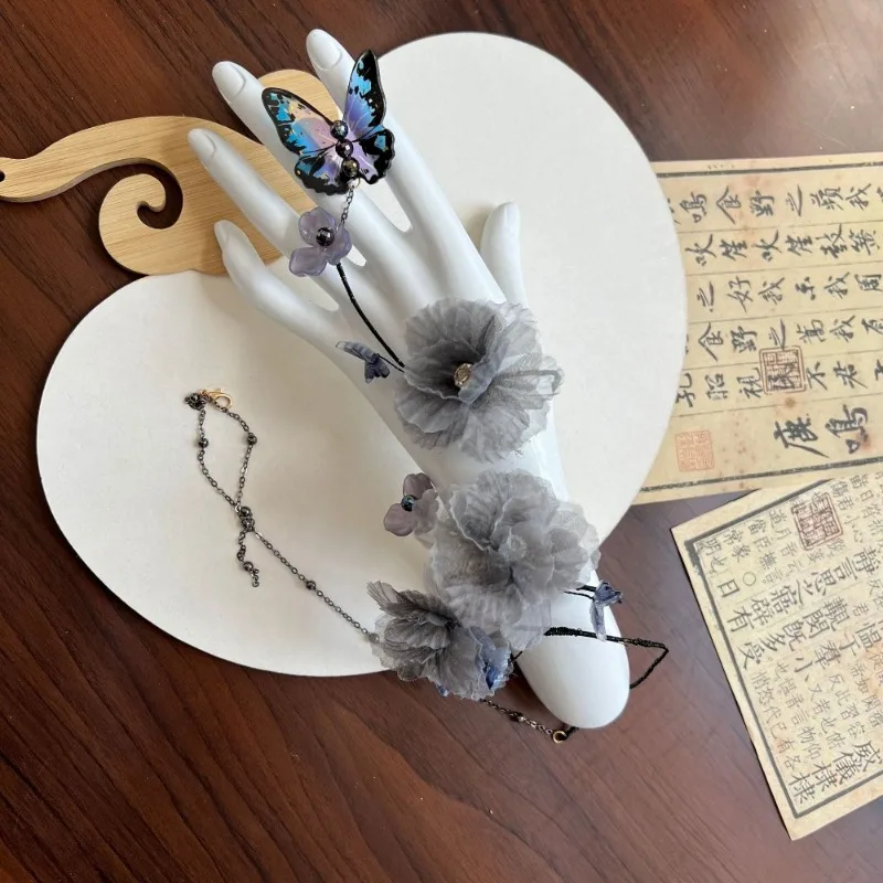 Gelang Vintage Cina Baru Warna Abu-abu Bermotif Bunga untuk Hanfu, Gelang Oriental yang Dapat Disesuaikan, Gaya Bohemian