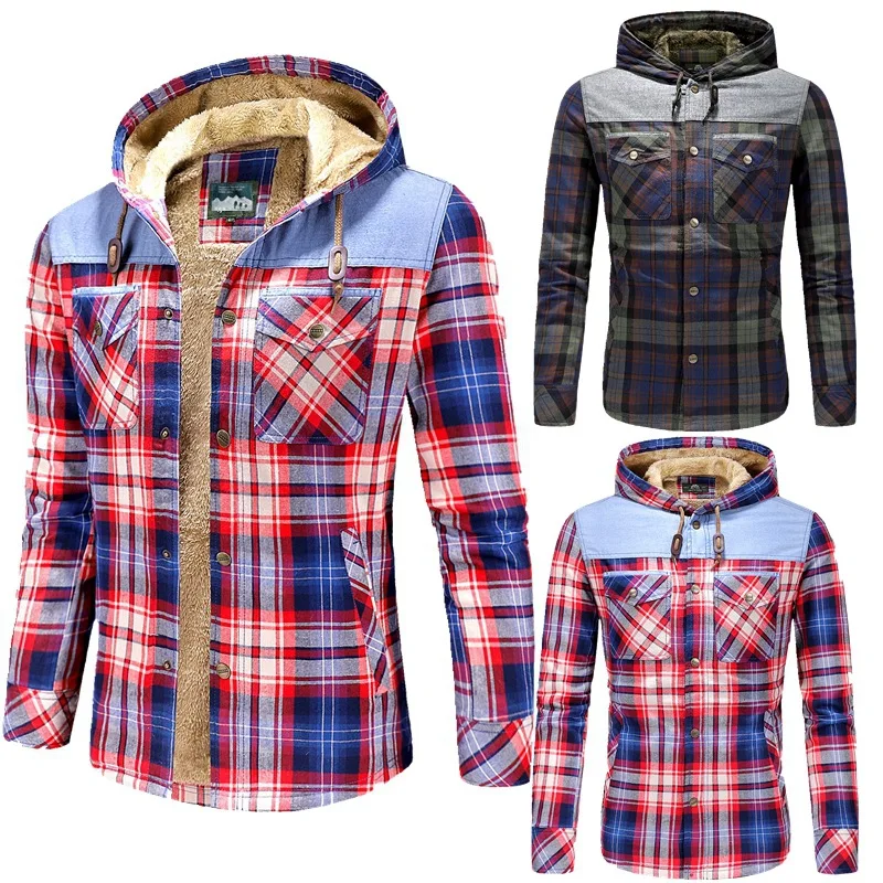 New Plaid Shirt for Men Fleece Thick Warm Winter Shirt Men Pure Cotton Corduroy Shirt Hooded Leisure England Camisas Para Hombre