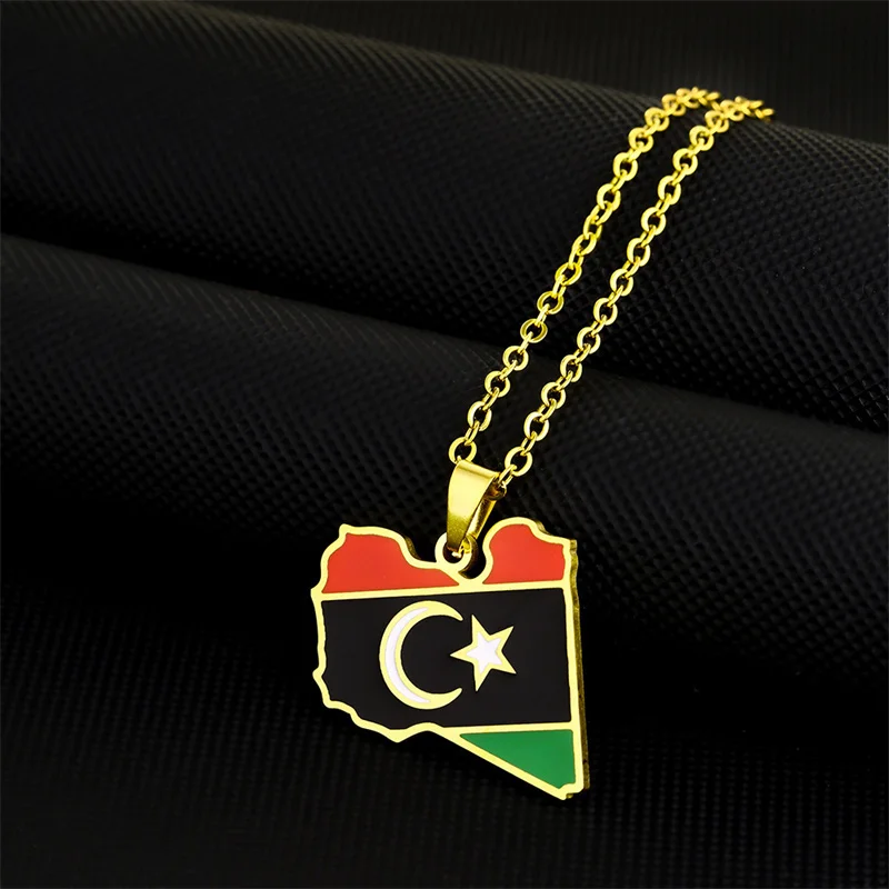

European and American Stainless Steel Libya Map Flag Pendant Necklace