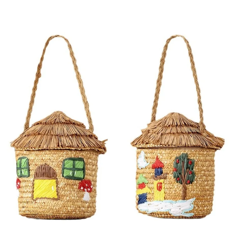

Creative Small House-shaped Straw Bag with Cartoon Embroidery Pattern 2026 Summer Small Straw Woven Ladies' Bucket Beach Bag