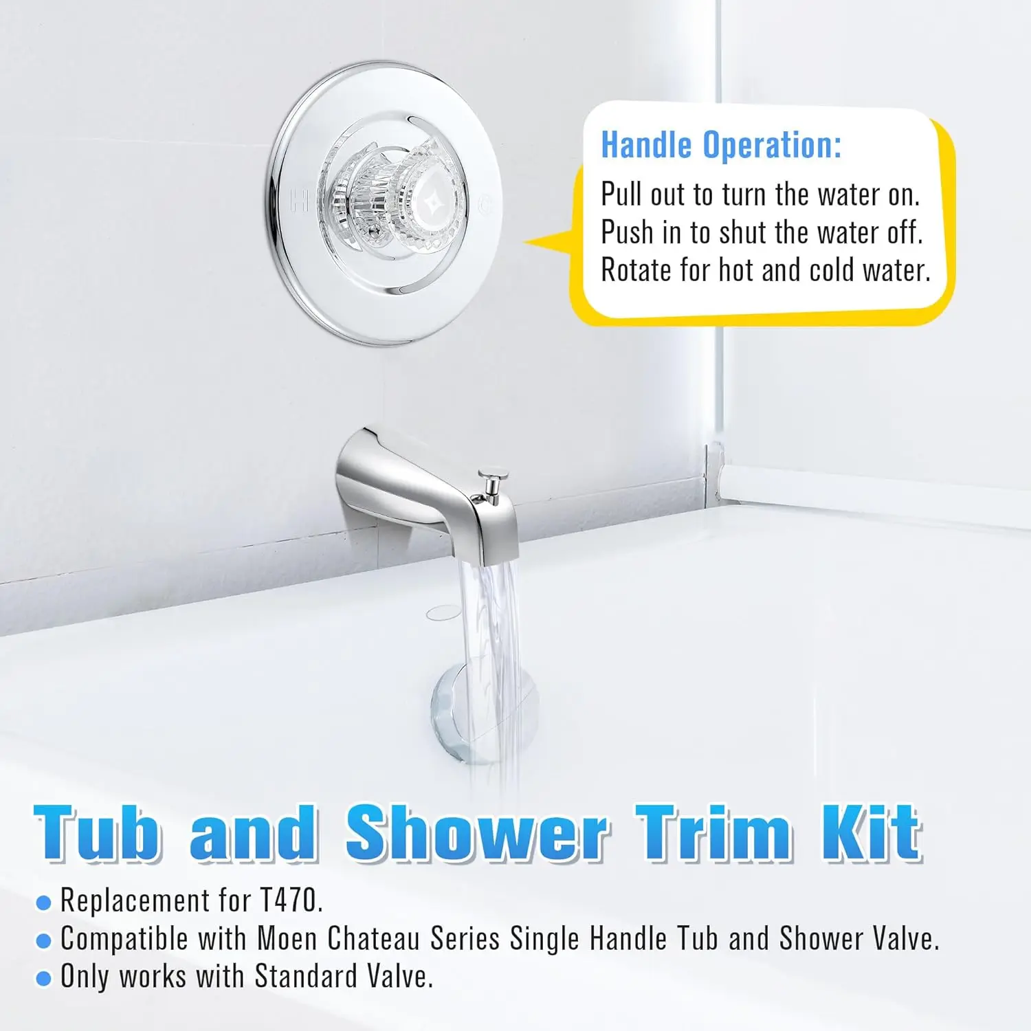 Tub & Shower Trim Kit, Chrome, Compatible with Moen Chateau T470, Single Handle, Valve Included