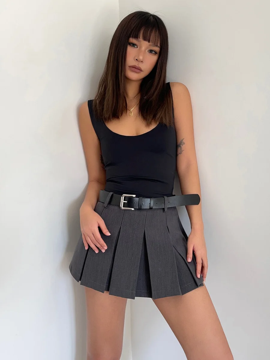 

2024 Women's Summer Spicy Girl Low Waist Pleated A-line Skirt American Style Retro Slim Preppy Style Half Length Skirt XX39