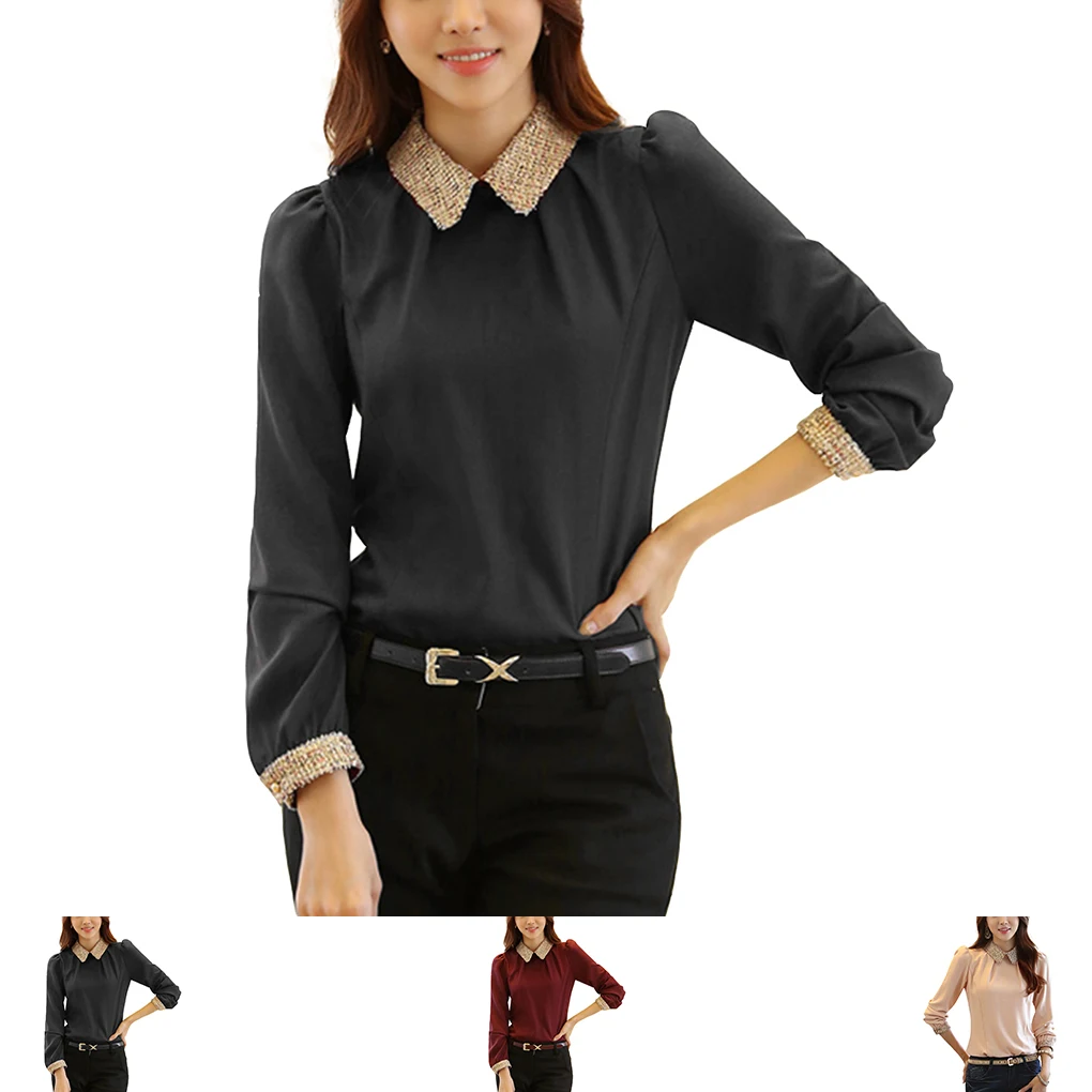 Camicia con colletto per bambola Camicetta in chiffon Camicia OL a maniche lunghe slim fit Camicia pullover con risvolto Top Felpa