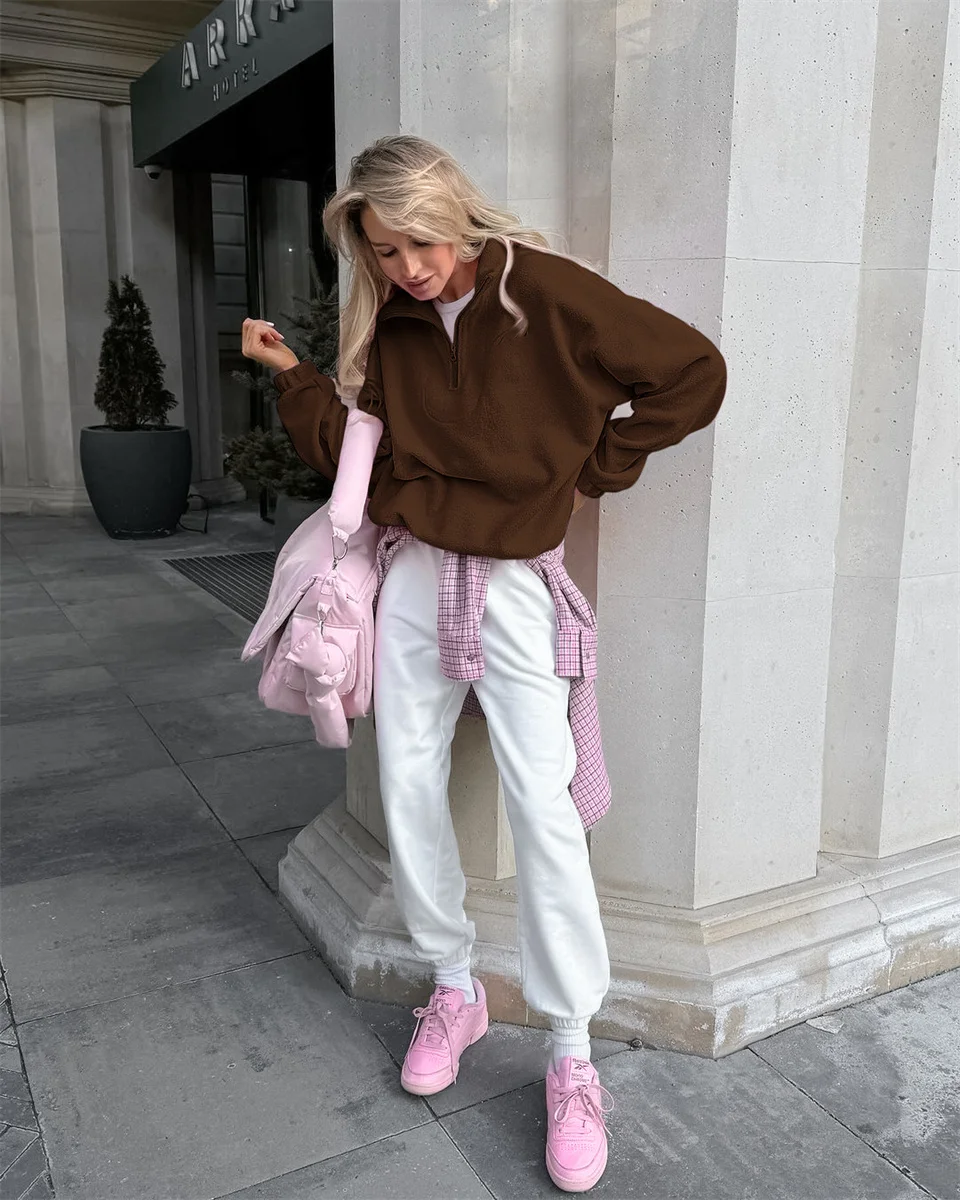 الشتاء مضغوط الوردي البلوز طويلة الأكمام مقنعين أعلى Y2K الشارع عارضة أزياء فضفاضة بلون التلبيب البلوز البلوز #5