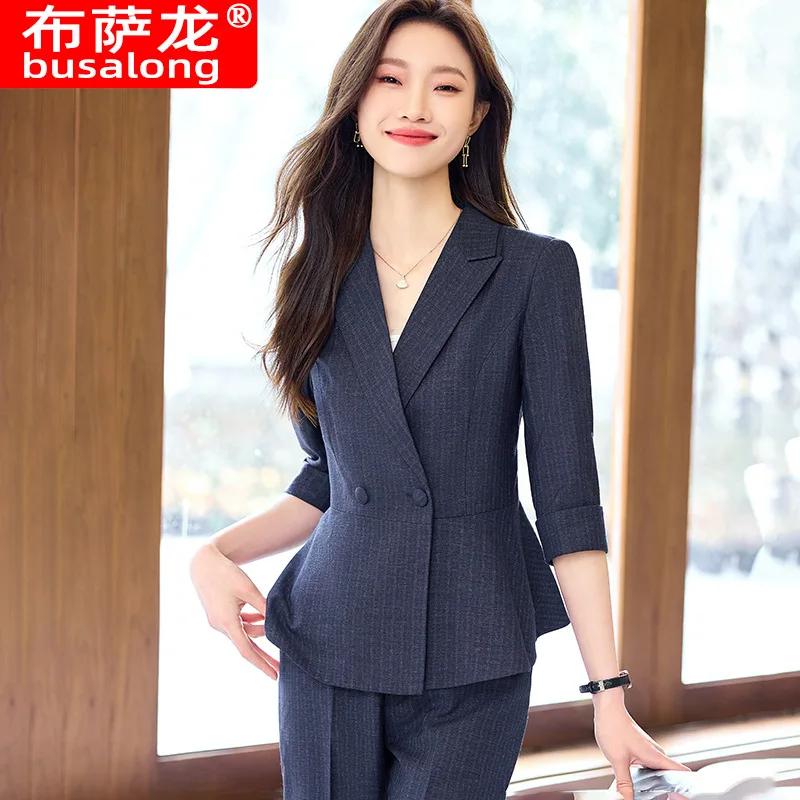 Summer Hotel Reception Jewelry Store Striped Workwear Formal Professional Attire Elegant Work Suit Women