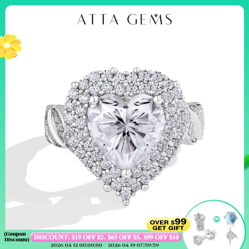 

ATTAGEMS Роскошное кольцо с бриллиантом из муассанита 4CT в форме сердца для женщин, полное D VVS1 S925, серебро ручной работы, свадебные украшения для невесты, настоящая любовь