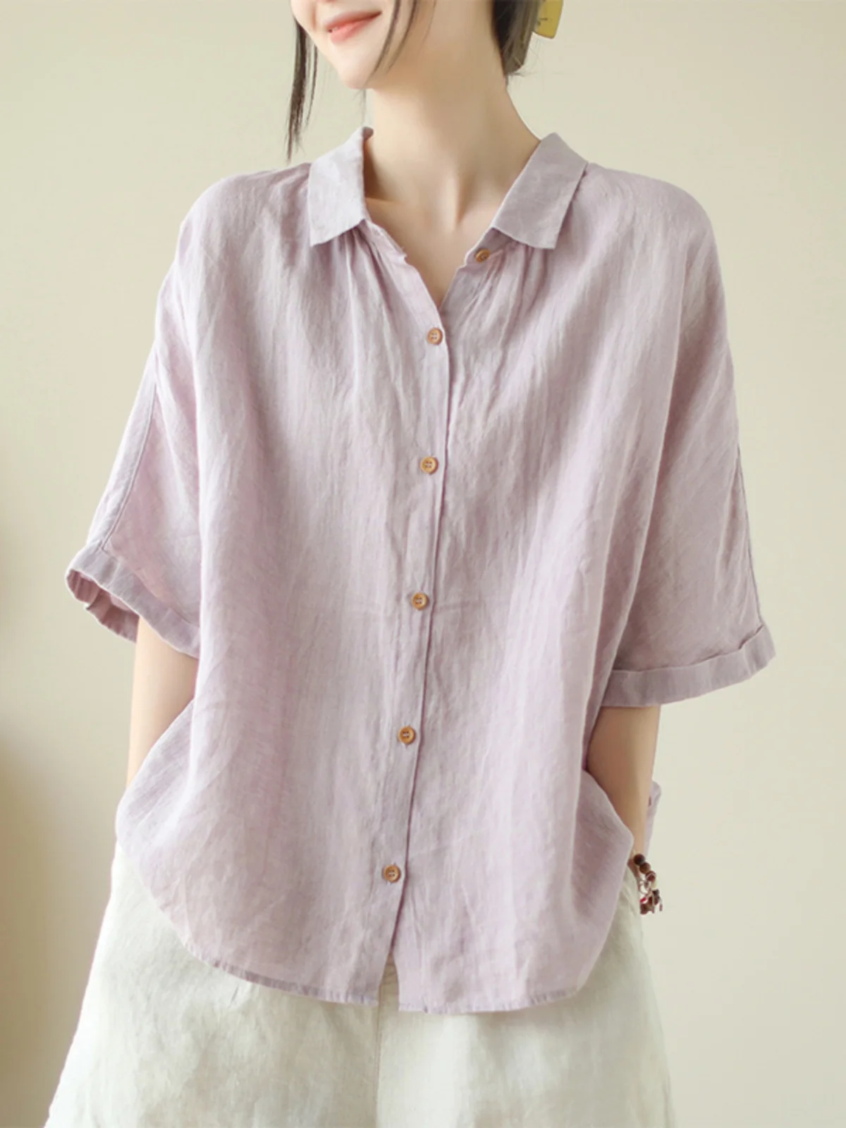 

Japanese Sle Linen ort Sve irt Women's Artistic Color Loose Casual Collar Cotton Linen Top Summer 2023