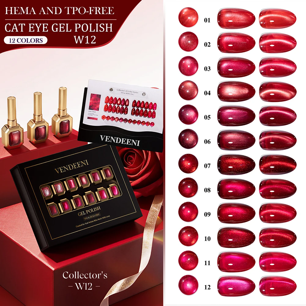 Vendeeni 12 Colors/Set Red Crystal Cat Eye Gel Nail Polish Magnetic UV LED Gel Varnish Christmas Rudy Cat Eye Gel With Display