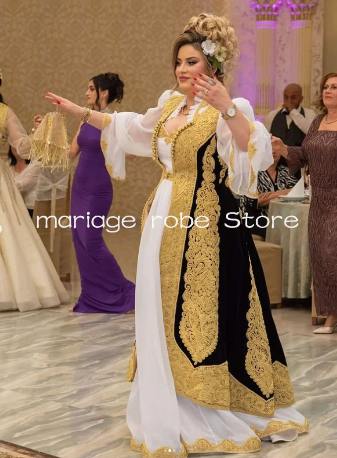 Robe de soirée deux pièces en velours noir et blanc, manches longues, avec des appliques dorées, robe de bal albanaise du Kosovo pour femmes, personnalisée
