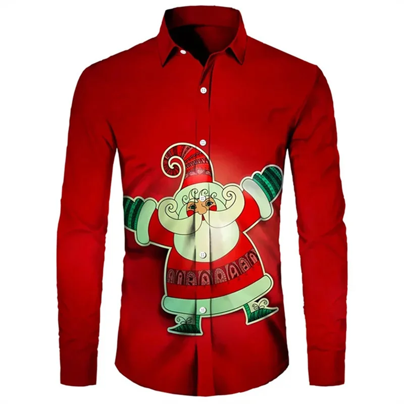 2024 Men\'s Long Sleeve Christmas Santa Fashion Casual Party Lapel Printed Comfortable and Versatile Plus Size Shirt