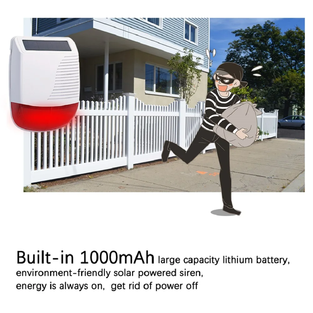 Solar Energy Wireless Sound Light Alarm 433MHz 110dB High Decibel compatible Home Security Alarm Host