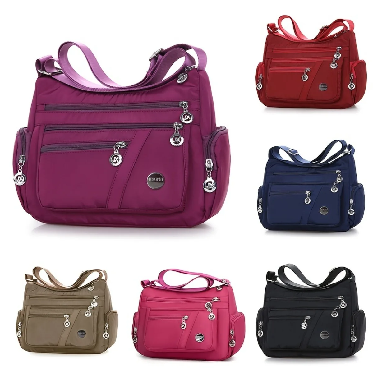 

Casual Nylon Hobo Shoulder Bag Solid Color multi-zipper Crossbody Bag Large Capacity Waterproof Bags For Women's Shopping