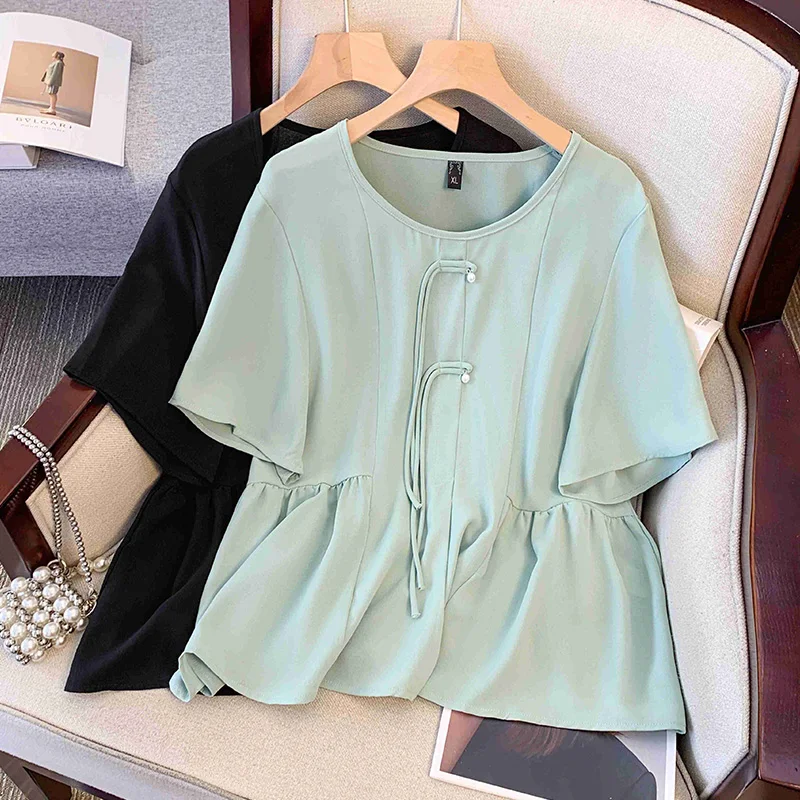 Plus size, summer new ice silk chiffon short sleeved top chubby mm loose hidden meat covered belly T-shirt 3399