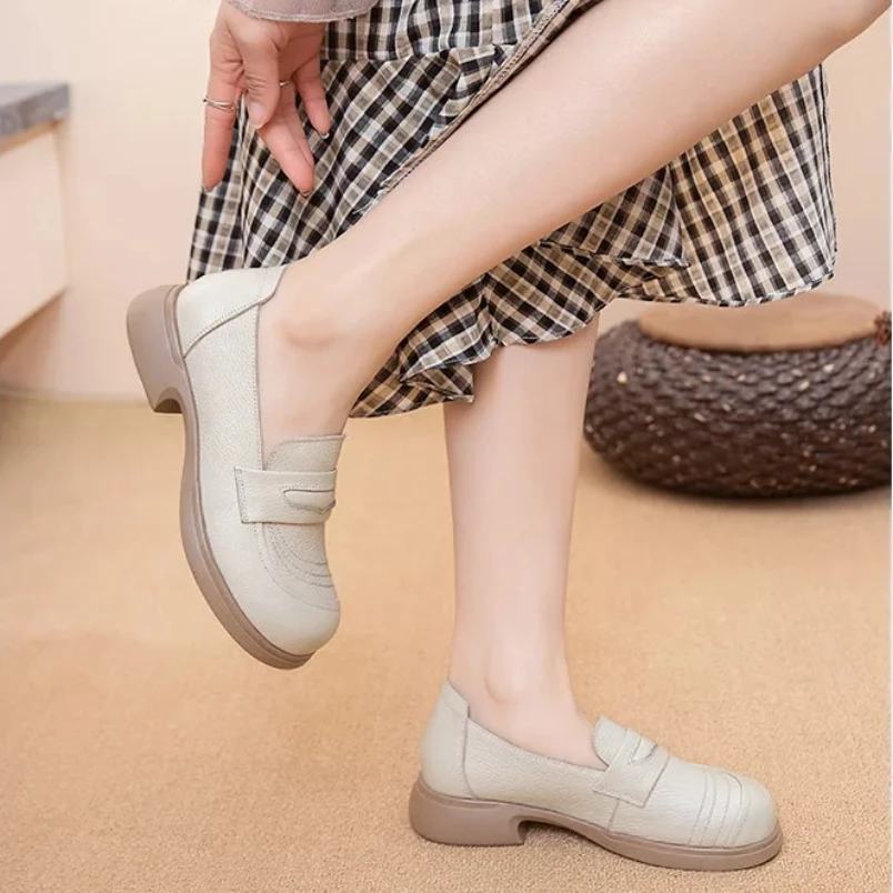 أحذية بدون كعب للسيدات موضة ربيع وخريف 2025 عالية الجودة من الجلد الطبيعي أحذية بدون كعب بكعب سميك أحذية كلاسيكية مريحة للسيدات #6