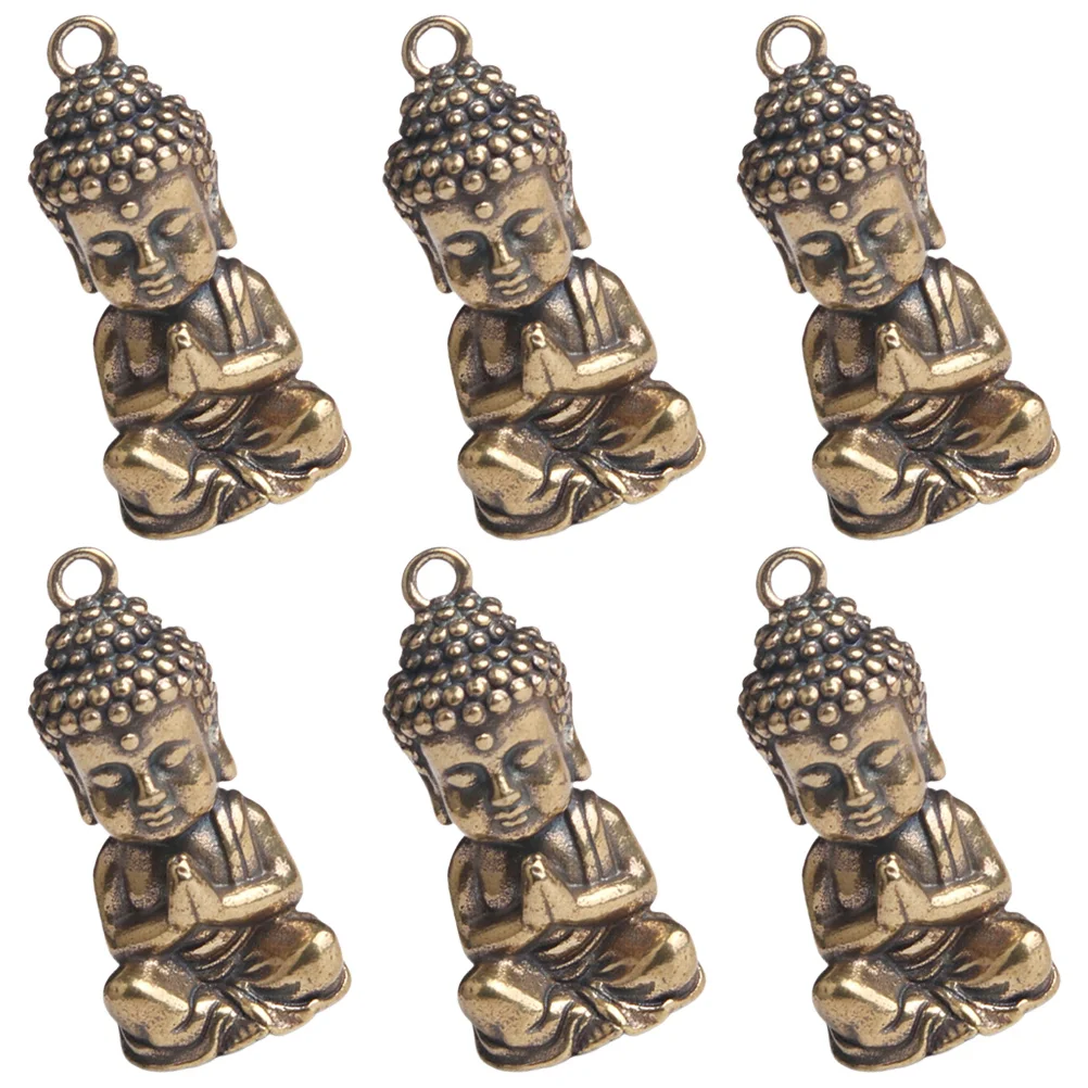 6 Pcs Buddha Statue Keychain DIY Pendant Brass Charm Ring Desktop Craft Fob Retro