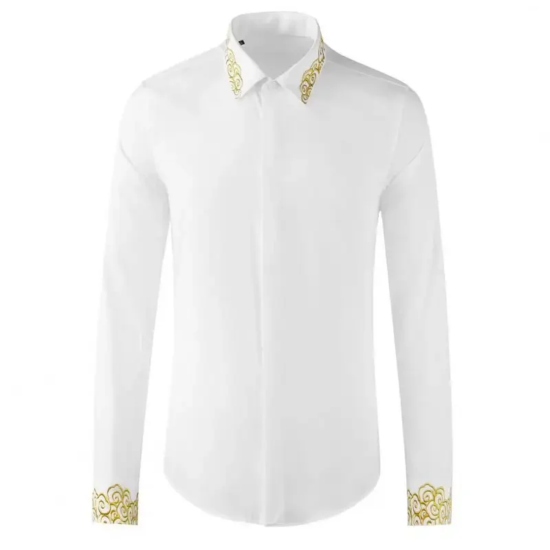 Minglu Cotton Male Shirts Luxury Gold Thread Embroidery Casual Mens Dress Shirts Fashion Slim Fit Party Man Shirts Plus Size 4XL